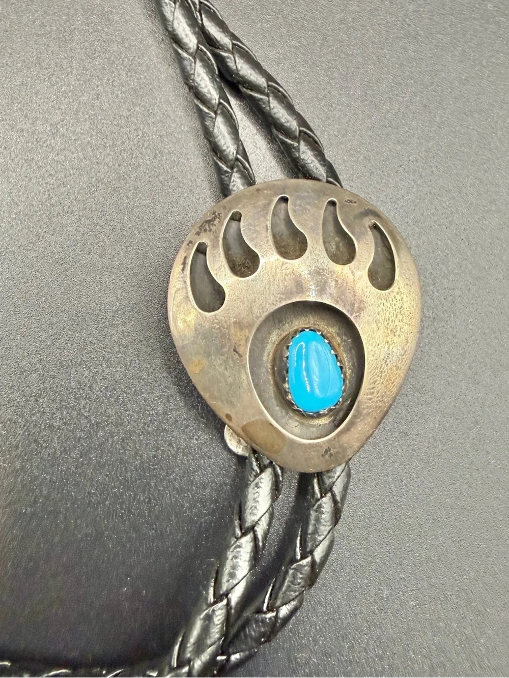 Vintage Sterling Silver 925 Native Navajo Turquoise Bear Paw Claw Bolo Tie